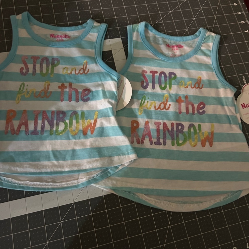 Nannette Kids Blue Striped Tank with Colorful Rainbow Text
